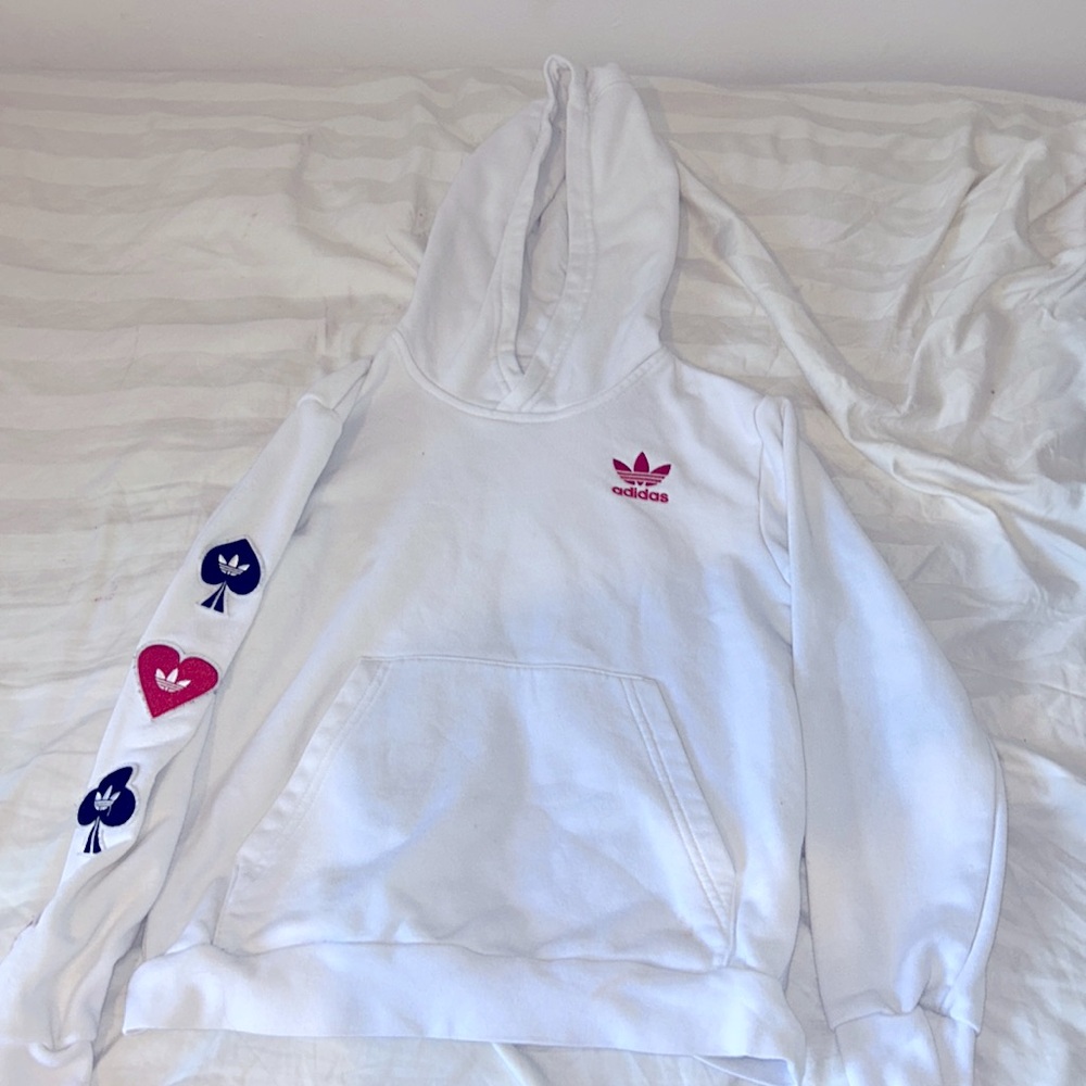 Designer Adidas boys white hoodie spades, clover, and heart details on sleeve